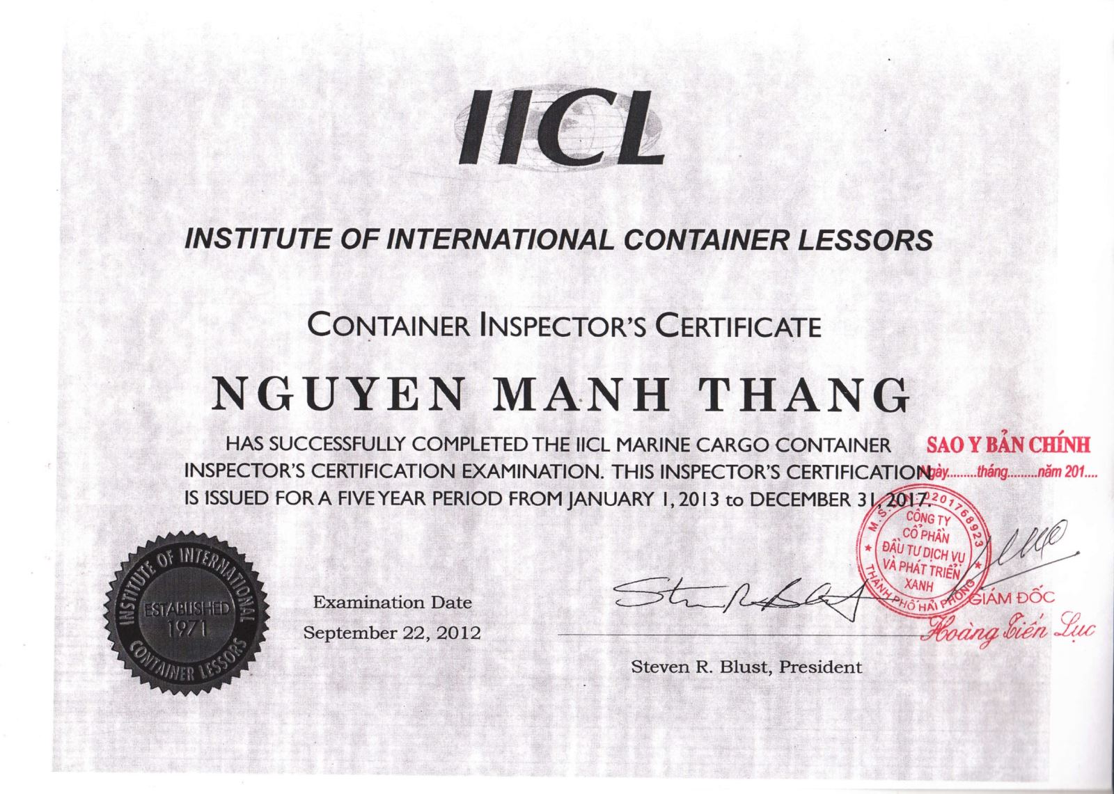 IICL Container Inspector's Certificate